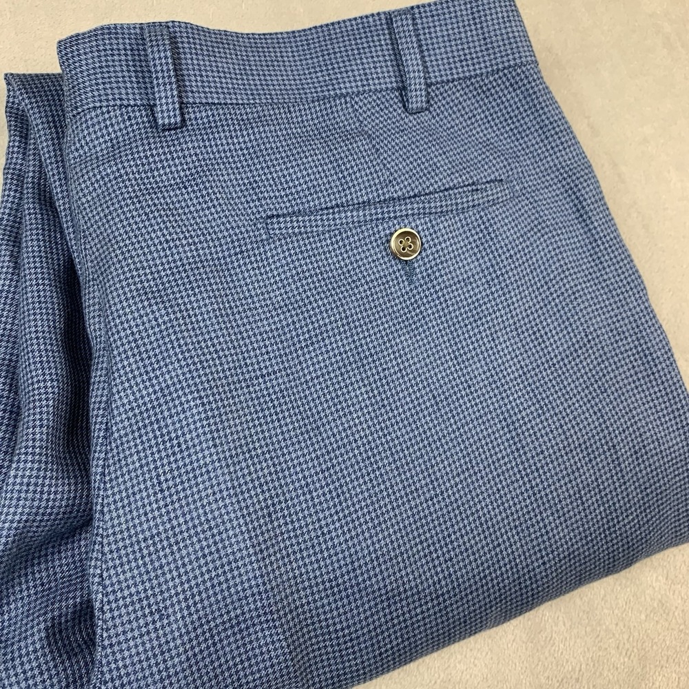 Peter Millar Chino Dress Pants Men 38x33* Blue Houndstooth Flat Front Linen/Silk